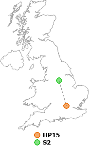 map showing distance between HP15 and S2