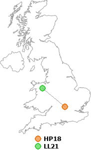 map showing distance between HP18 and LL21