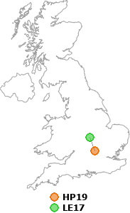 map showing distance between HP19 and LE17
