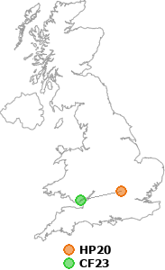 map showing distance between HP20 and CF23