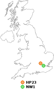 map showing distance between HP23 and NW1