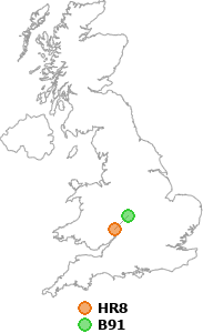 map showing distance between HR8 and B91