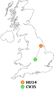 map showing distance between HU14 and CV35