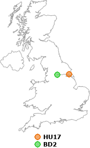 map showing distance between HU17 and BD2