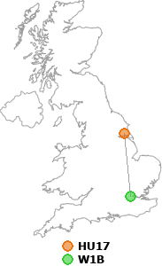 map showing distance between HU17 and W1B