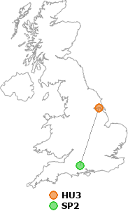 map showing distance between HU3 and SP2