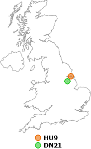 map showing distance between HU9 and DN21