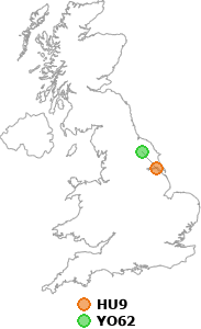 map showing distance between HU9 and YO62