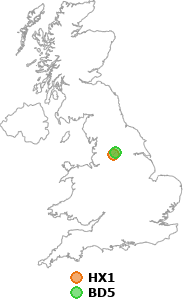 map showing distance between HX1 and BD5