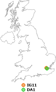 map showing distance between IG11 and DA1