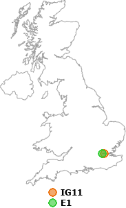 map showing distance between IG11 and E1