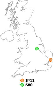 map showing distance between IP11 and S80