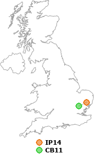 map showing distance between IP14 and CB11