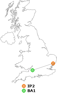 map showing distance between IP2 and BA1