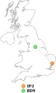 map showing distance between IP2 and BD9