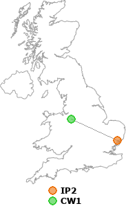 map showing distance between IP2 and CW1