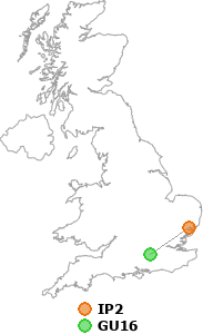 map showing distance between IP2 and GU16