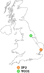 map showing distance between IP2 and YO31