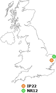 map showing distance between IP22 and NR12