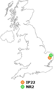 map showing distance between IP22 and NR2