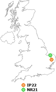 map showing distance between IP22 and NR21