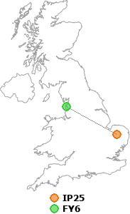 map showing distance between IP25 and FY6