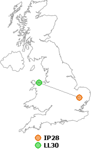 map showing distance between IP28 and LL30