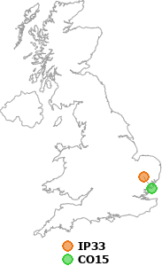 map showing distance between IP33 and CO15