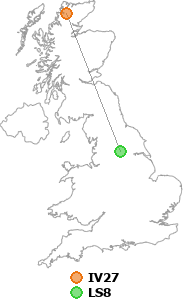 map showing distance between IV27 and LS8