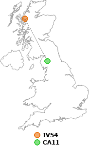 map showing distance between IV54 and CA11