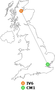 map showing distance between IV6 and CM1