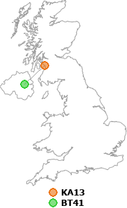 map showing distance between KA13 and BT41