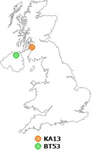 map showing distance between KA13 and BT53