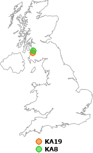 map showing distance between KA19 and KA8