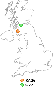 map showing distance between KA26 and G22