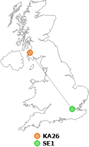 map showing distance between KA26 and SE1