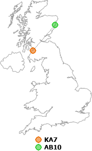 map showing distance between KA7 and AB10