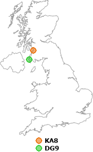 map showing distance between KA8 and DG9