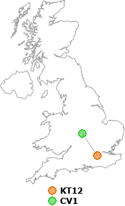 map showing distance between KT12 and CV1