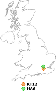 map showing distance between KT12 and HA6