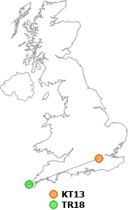 map showing distance between KT13 and TR18