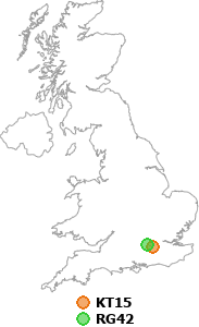 map showing distance between KT15 and RG42