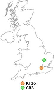 map showing distance between KT16 and CB3