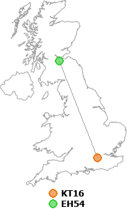 map showing distance between KT16 and EH54