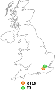 map showing distance between KT19 and E3
