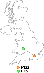 map showing distance between KT22 and HR6