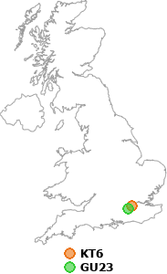 map showing distance between KT6 and GU23
