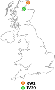 map showing distance between KW1 and IV20