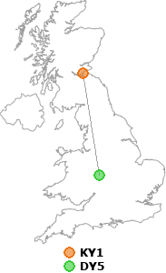 map showing distance between KY1 and DY5