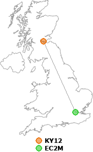 map showing distance between KY12 and EC2M